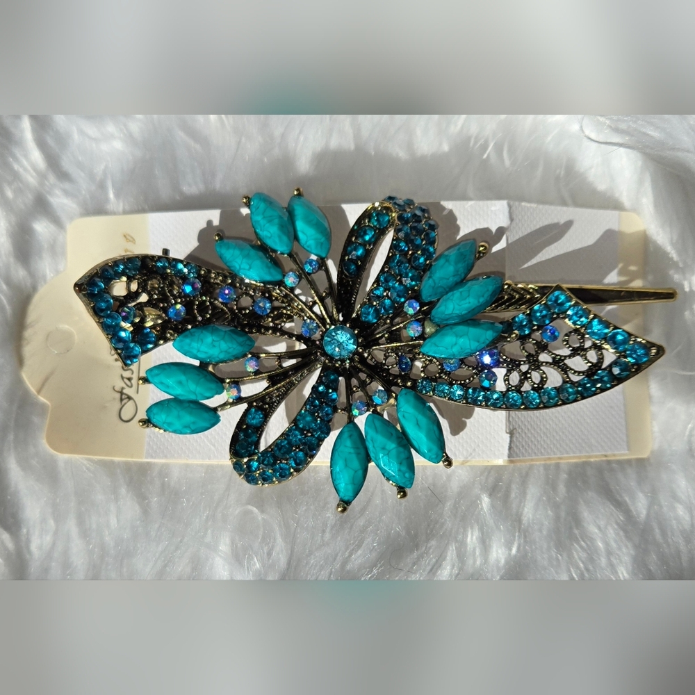 Vintage Style Duck Bill  Turquoise and Gold Floral Motif Hair Clip Bridal Formal